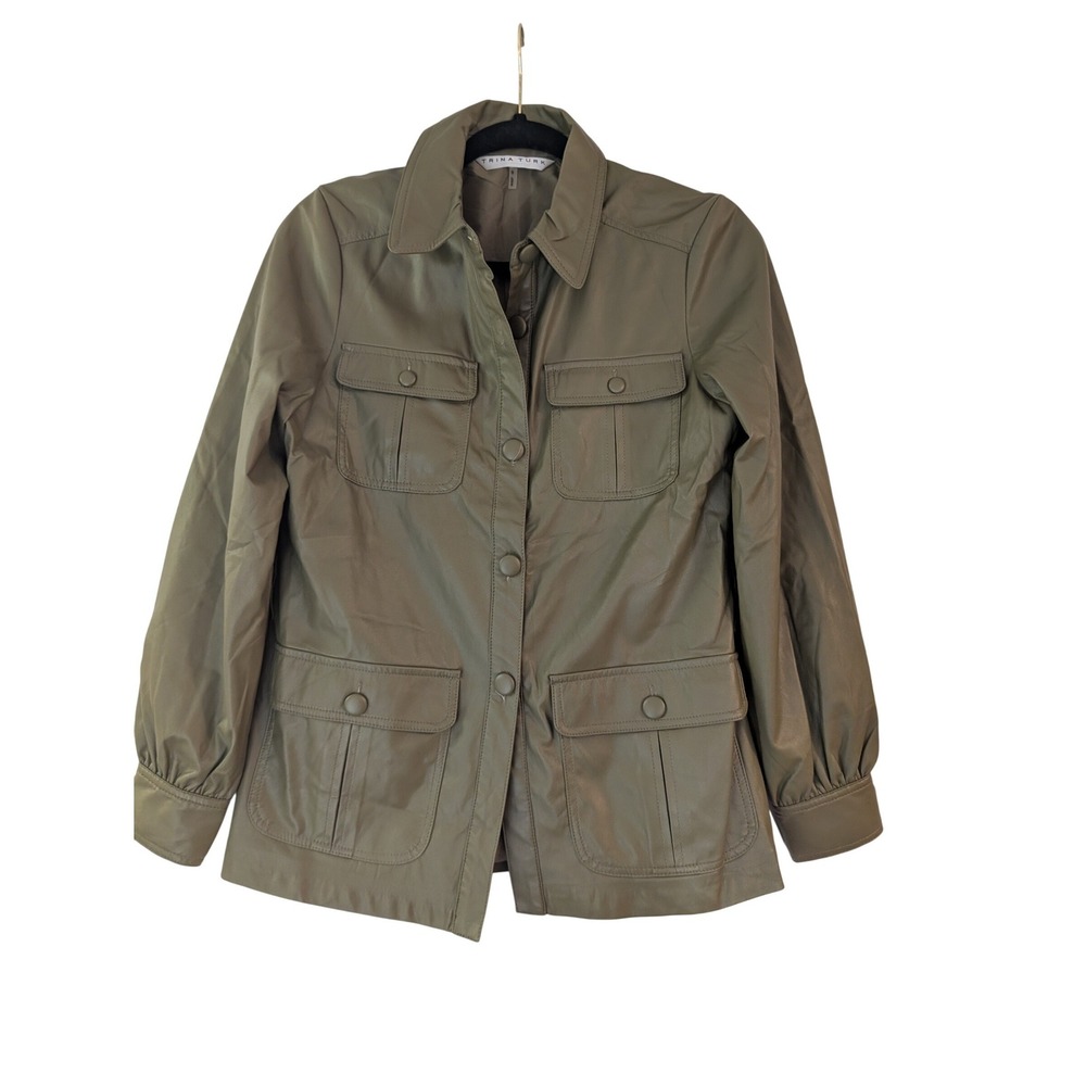 Trina Turk‎ Vegan Leather Utility Jacket Womens Small Olive Green Safari Button